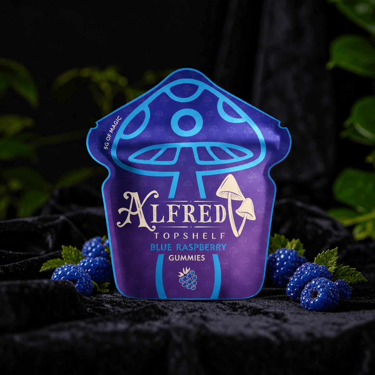 Blue Raspberry Gummies on Velvet Pedestal